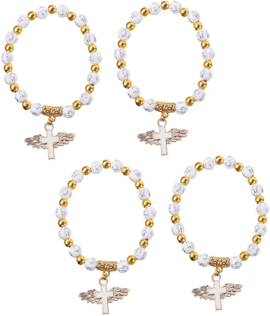 Homoyoyo 4pcs Gold-stitched Cross Bracelet Communion Cross Bracelet for Wrist Jewelry for Rosary Prayer Beads Wristband Birthday present Abs White