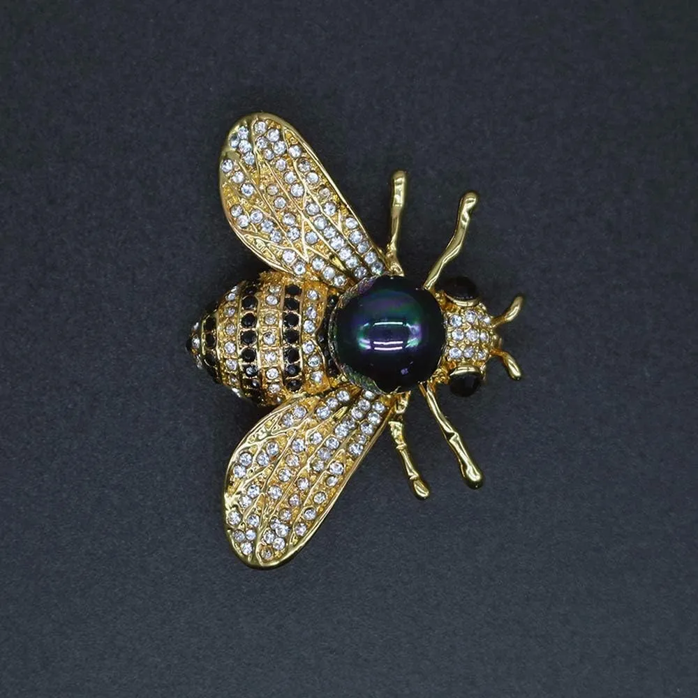 Honey Bee Brooches Crystal Insect Themed Bee Brooch Animal Fashion Shell Pearl Brooch Pin Gold Tone