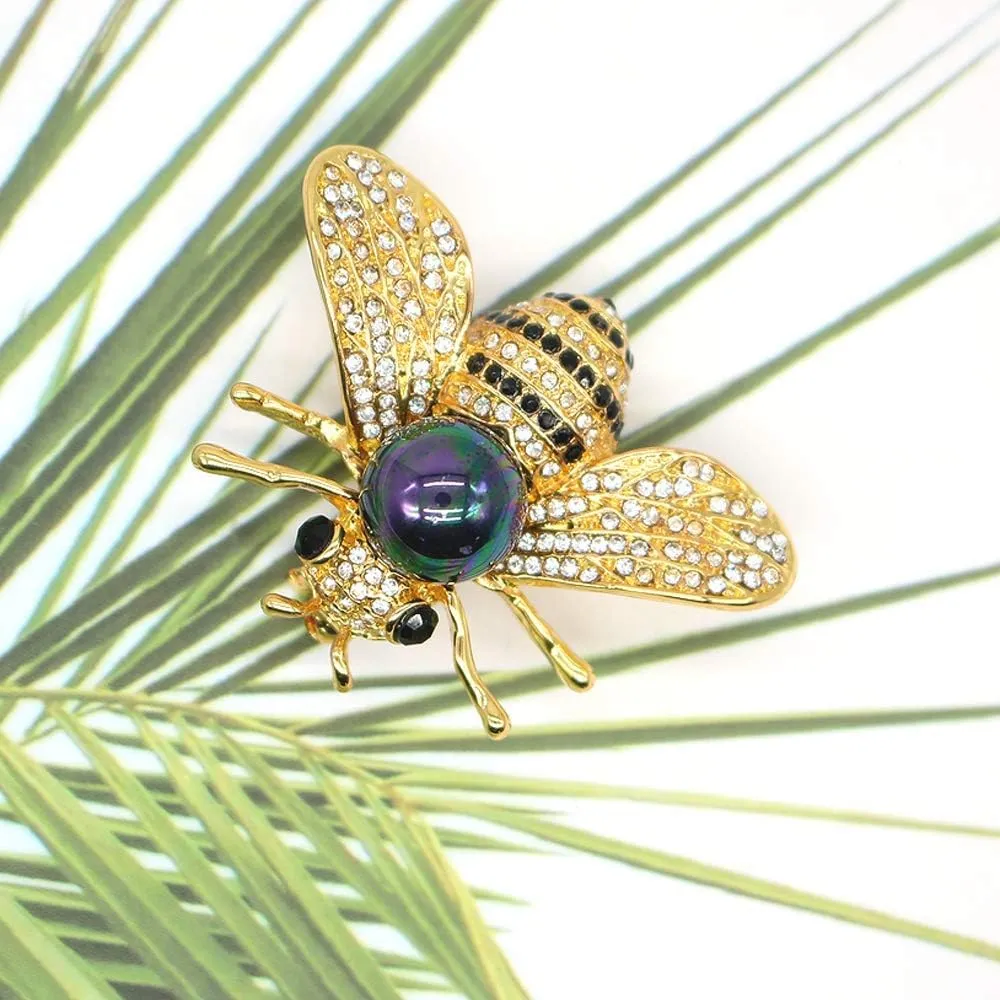 Honey Bee Brooches Crystal Insect Themed Bee Brooch Animal Fashion Shell Pearl Brooch Pin Gold Tone