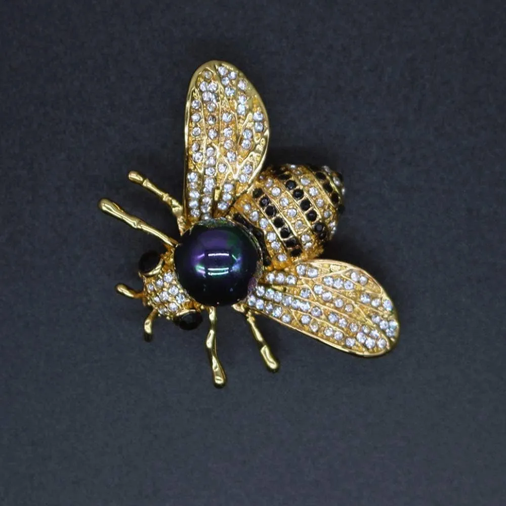Honey Bee Brooches Crystal Insect Themed Bee Brooch Animal Fashion Shell Pearl Brooch Pin Gold Tone