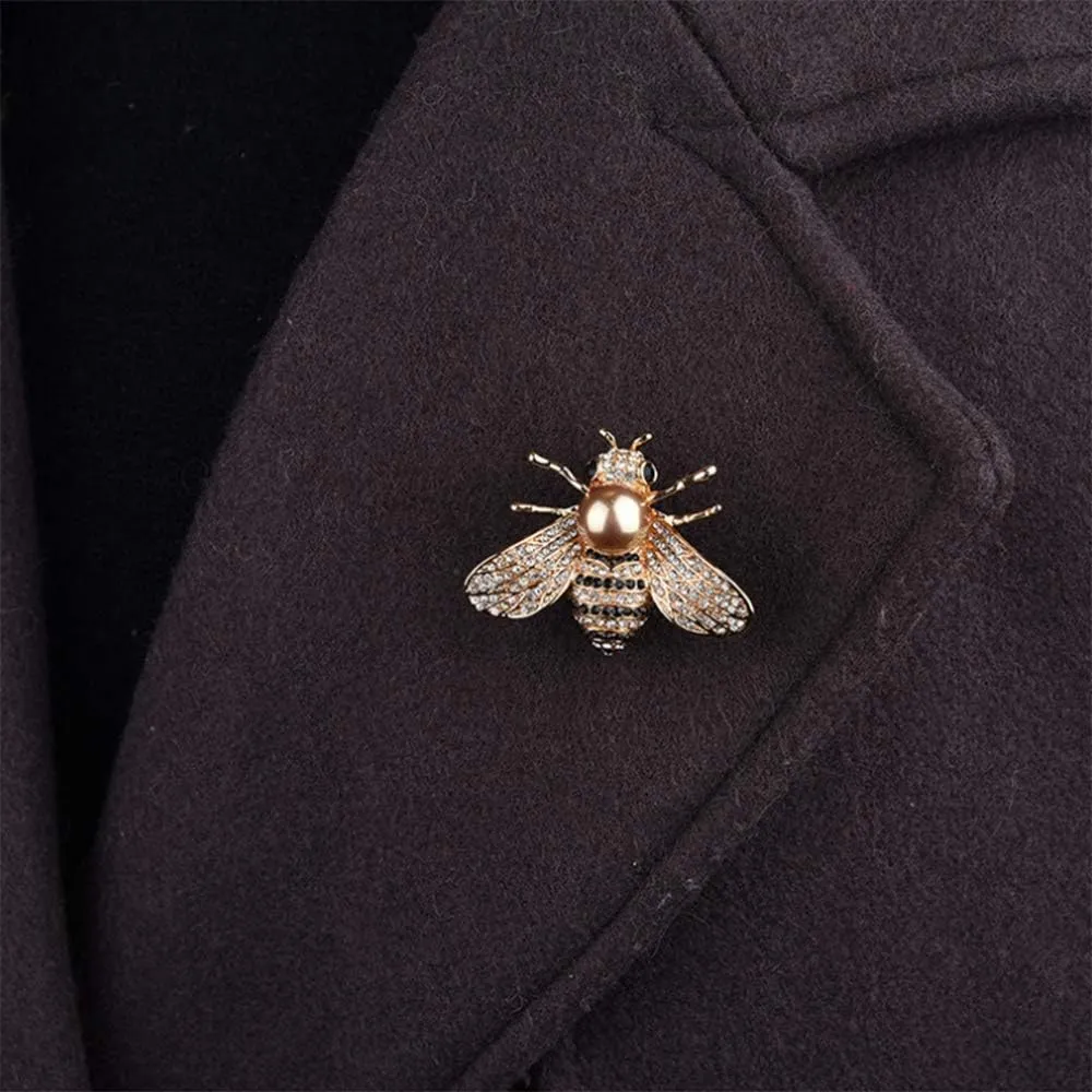 Honey Bee Brooches Crystal Insect Themed Bee Brooch Animal Fashion Shell Pearl Brooch Pin Gold Tone