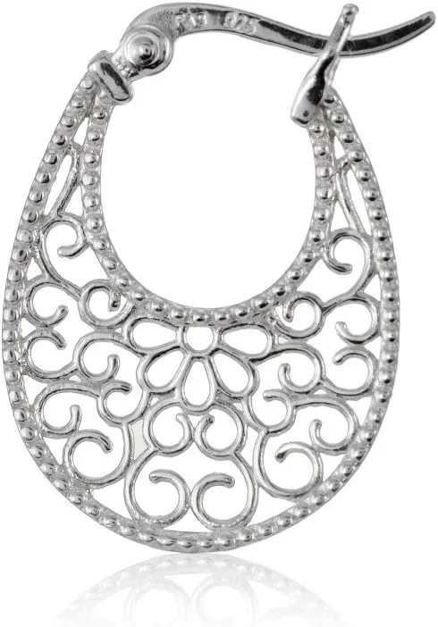 Hoops & Loops 925 Sterling Silver Floral Filigree 25mm Oval Flat Click -Top Earrings for Women, Silver, Yellow Gold & Rose Gold