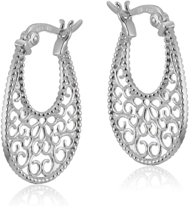Hoops & Loops 925 Sterling Silver Floral Filigree 25mm Oval Flat Click -Top Earrings for Women, Silver, Yellow Gold & Rose Gold