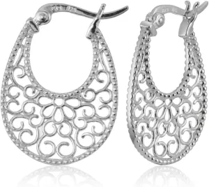 Hoops & Loops 925 Sterling Silver Floral Filigree 25mm Oval Flat Click -Top Earrings for Women, Silver, Yellow Gold & Rose Gold