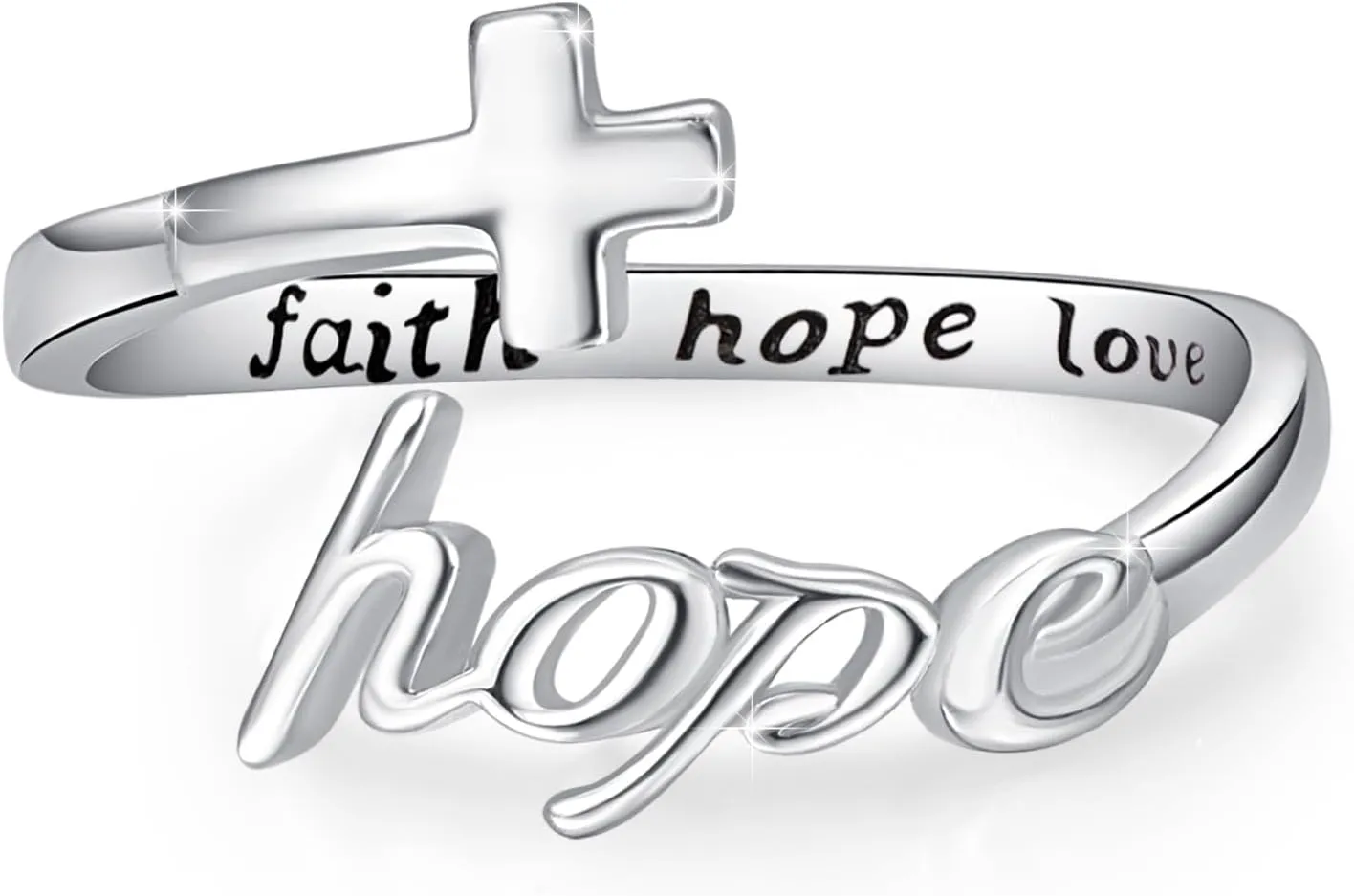 Hope Ring,Hope Cross Rings,S925 Sterling Silver Adjustable Faith Hope Love Wrap Inspiring Ring Faithful Christian Band Ring for Women