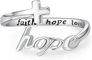Hope Ring,Hope Cross Rings,S925 Sterling Silver Adjustable Faith Hope Love Wrap Inspiring Ring Faithful Christian Band Ring for Women