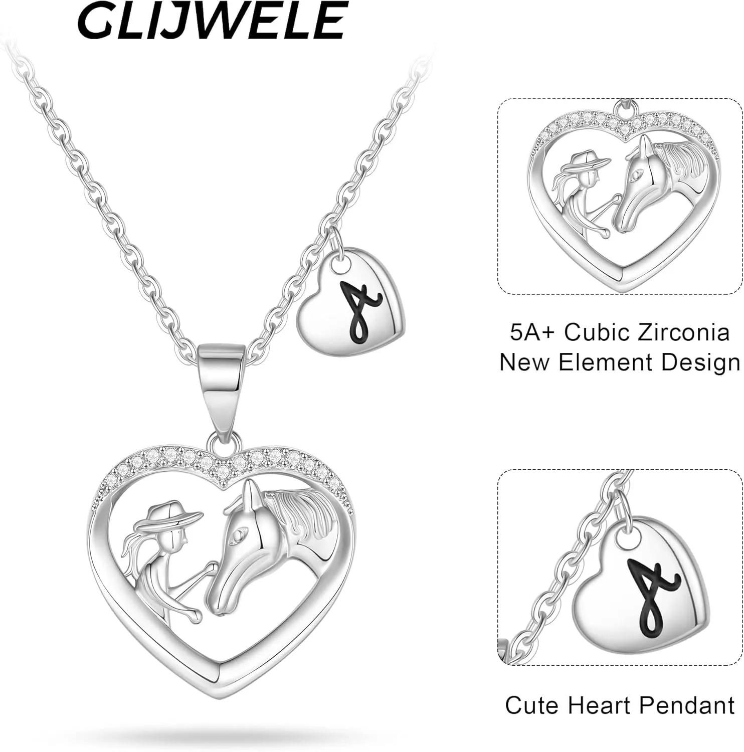 Horse Gifts for Women - Heart 26 Letter CZ Necklace, Horse Pendant, Little Women Jewelry, Initial Necklace