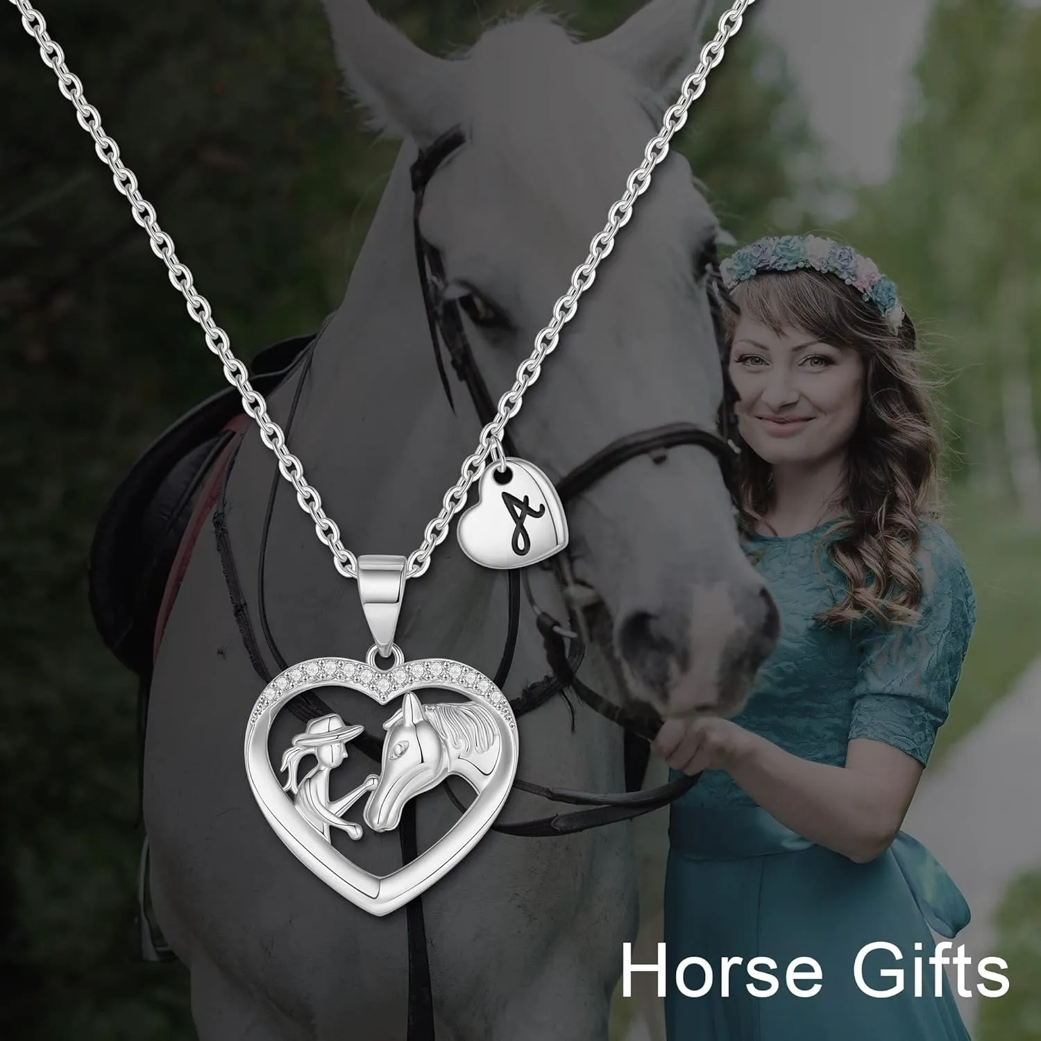 Horse Gifts for Women - Heart 26 Letter CZ Necklace, Horse Pendant, Little Women Jewelry, Initial Necklace