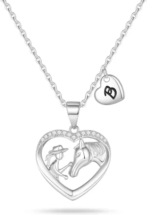 Horse Gifts for Women - Heart 26 Letter CZ Necklace, Horse Pendant, Little Women Jewelry, Initial Necklace