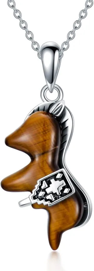 Horse Necklace for Women 925 Sterling Silver Genuine Tiger Eye Pendant Western Jewelry Gift for Her Wife Mom