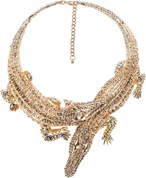 HSQYJ Gothic Stylish Crystal Double Gator Statement Necklace Fashion Animal Gator Choker Bib Collar Necklace Jewelry For Women Gift