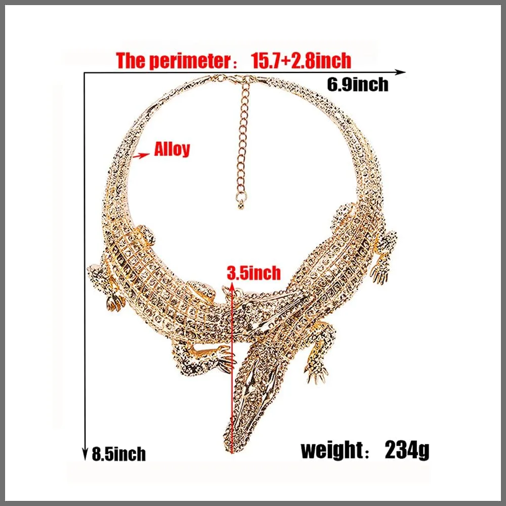 HSQYJ Gothic Stylish Crystal Double Gator Statement Necklace Fashion Animal Gator Choker Bib Collar Necklace Jewelry For Women Gift