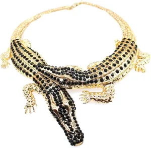 HSQYJ Gothic Stylish Crystal Double Gator Statement Necklace Fashion Animal Gator Choker Bib Collar Necklace Jewelry For Women Gift