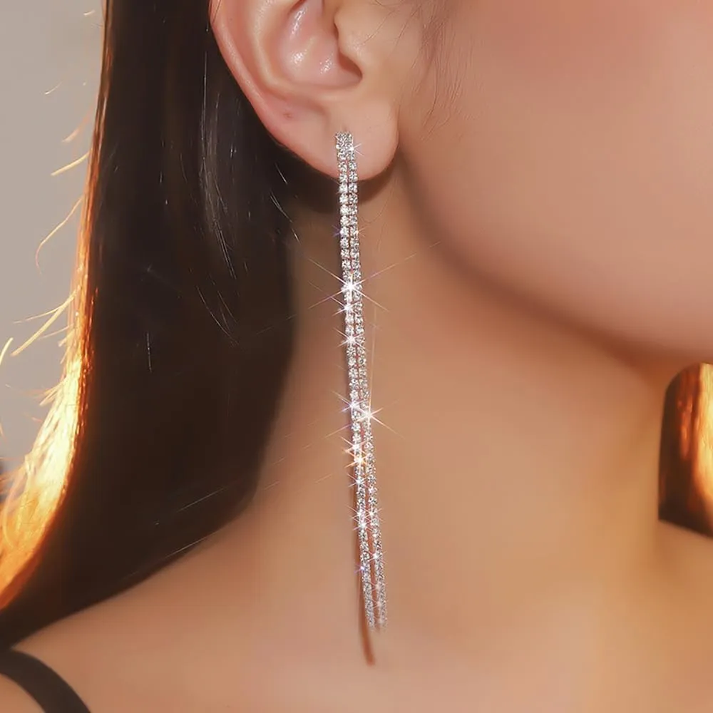 HUJUON Elegant Long Rhinestone Chain Earrings. Punk Double Strand Tassel Line Earrings Minimalism Crystal Drop Earrings for Women Wedding Jewelry