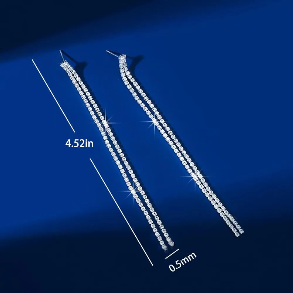 HUJUON Elegant Long Rhinestone Chain Earrings. Punk Double Strand Tassel Line Earrings Minimalism Crystal Drop Earrings for Women Wedding Jewelry