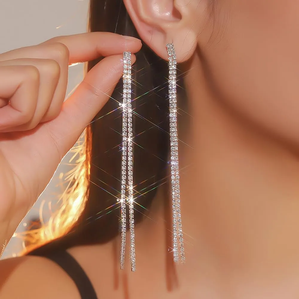 HUJUON Elegant Long Rhinestone Chain Earrings. Punk Double Strand Tassel Line Earrings Minimalism Crystal Drop Earrings for Women Wedding Jewelry