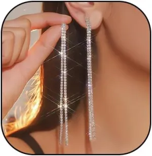 HUJUON Elegant Long Rhinestone Chain Earrings. Punk Double Strand Tassel Line Earrings Minimalism Crystal Drop Earrings for Women Wedding Jewelry