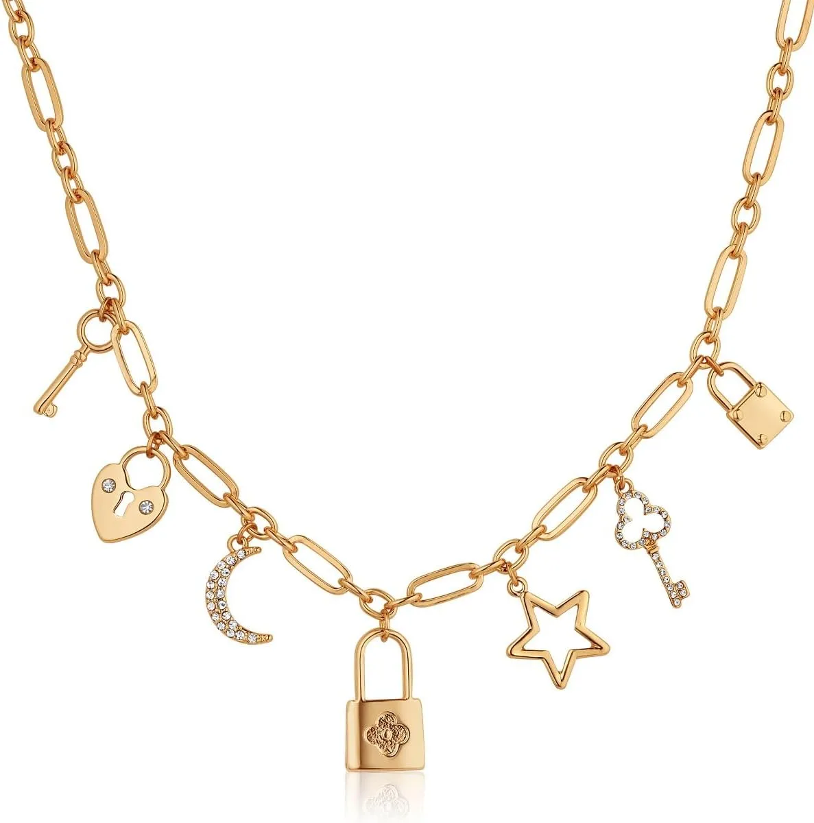 Humble Chic NY Gold Charm Necklace for Women - Paperclip Chain Necklace with Trendy Charms, Chunky Statement Necklace in Gold Tone