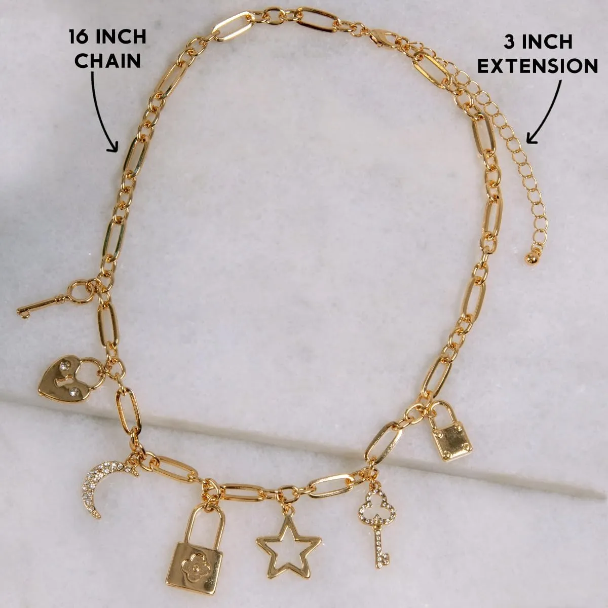 Humble Chic NY Gold Charm Necklace for Women - Paperclip Chain Necklace with Trendy Charms, Chunky Statement Necklace in Gold Tone