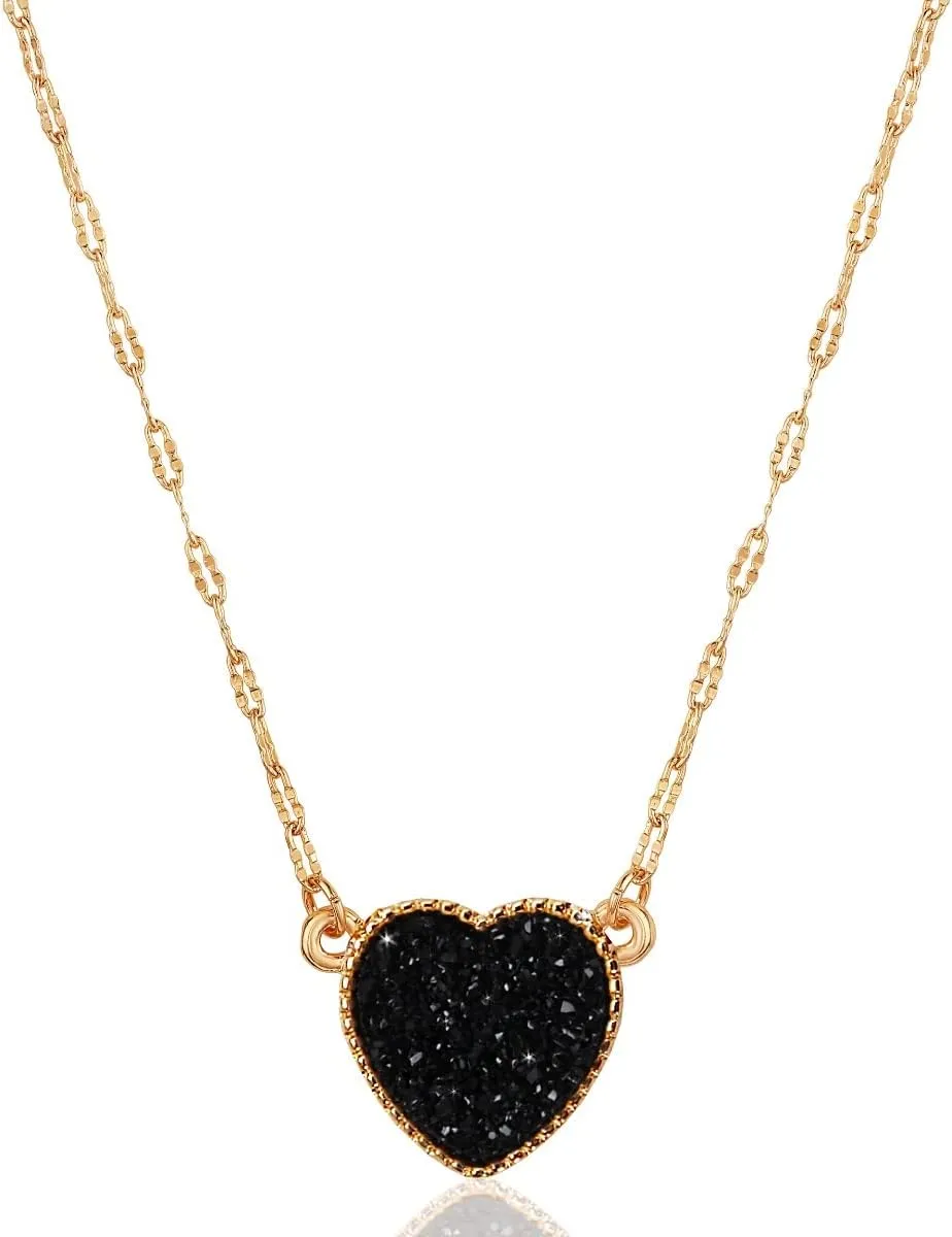 Humble Chic NY Heart Pendant Necklace for Women with Sparkly Simulated Druzy Stone - Gold, Silver, or Rose Gold Tone Chain - 16" with 3" Extender
