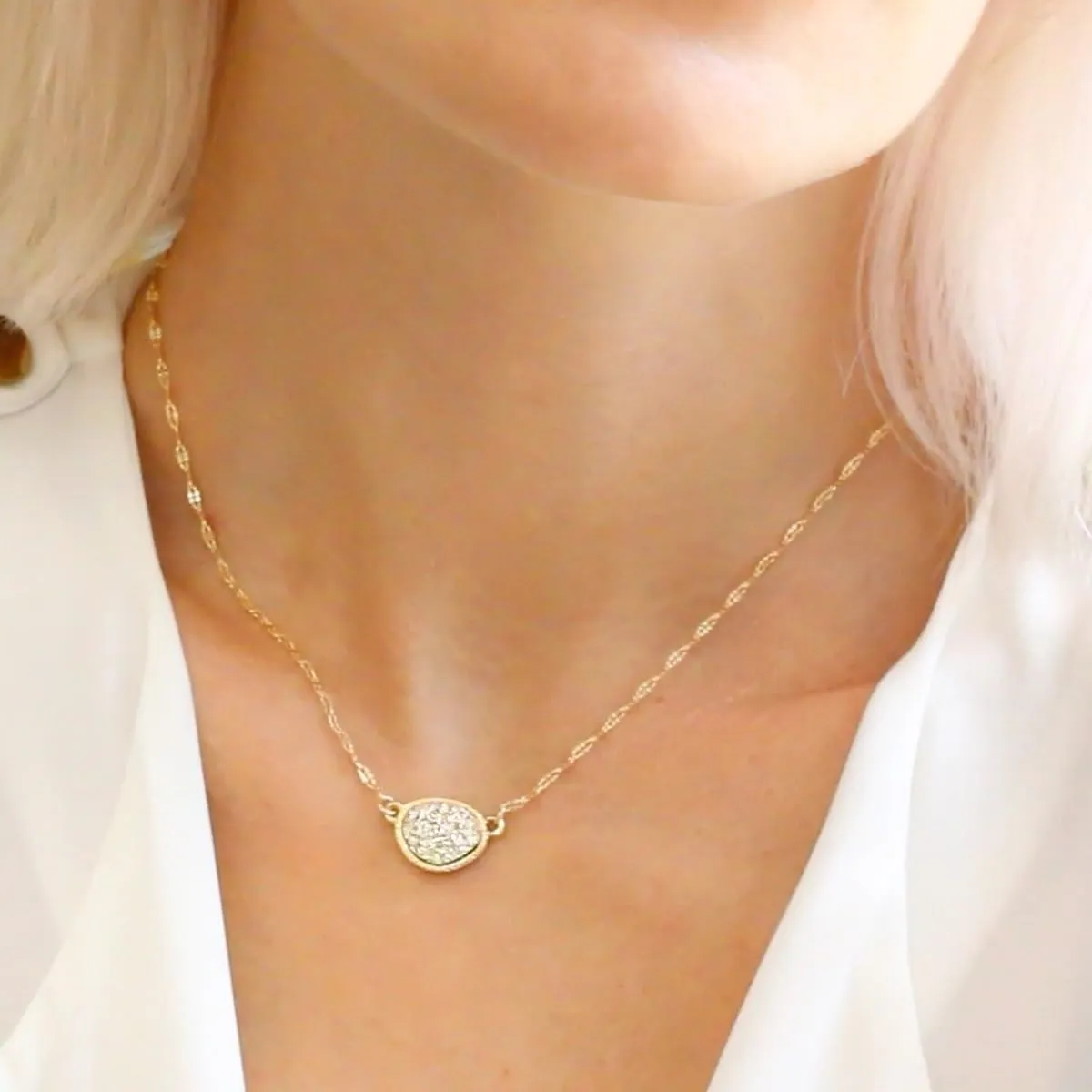 Humble Chic NY Simulated Druzy Pendant Necklace for Women with Sparkly Oval Stone - Gold, Silver, or Rose Gold Tone Chain - 16" with 3" Extender