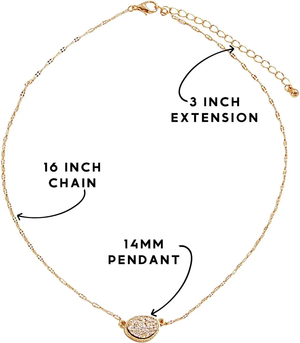 Humble Chic NY Simulated Druzy Pendant Necklace for Women with Sparkly Oval Stone - Gold, Silver, or Rose Gold Tone Chain - 16" with 3" Extender