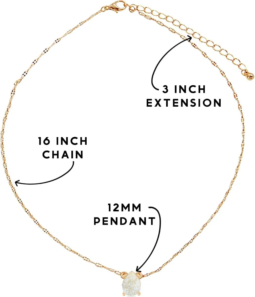 Humble Chic NY Simulated Druzy Teardrop Necklace - 14K Gold or 925 Sterling Silver Plated Delicate Boho Chain Necklace with Dainty Tear Drop Druzy Crystal - 16" with 3" Extender