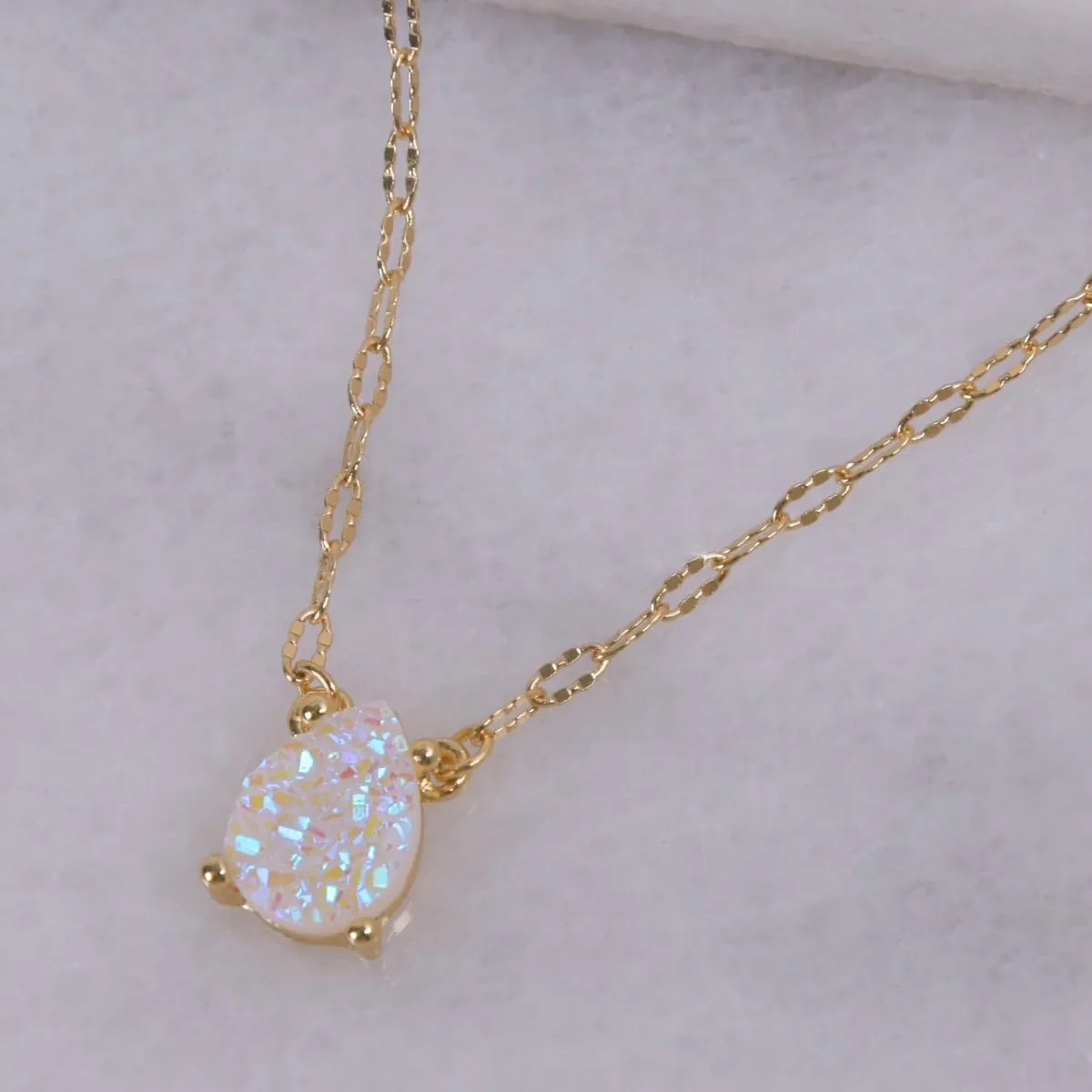 Humble Chic NY Simulated Druzy Teardrop Necklace - 14K Gold or 925 Sterling Silver Plated Delicate Boho Chain Necklace with Dainty Tear Drop Druzy Crystal - 16" with 3" Extender