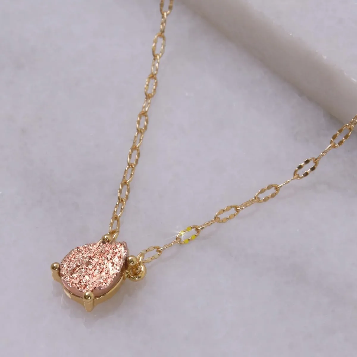 Humble Chic NY Simulated Druzy Teardrop Necklace - 14K Gold or 925 Sterling Silver Plated Delicate Boho Chain Necklace with Dainty Tear Drop Druzy Crystal - 16" with 3" Extender