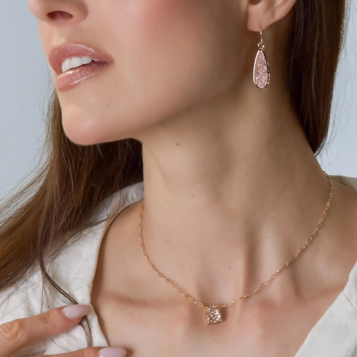 Humble Chic NY Simulated Druzy Teardrop Necklace - 14K Gold or 925 Sterling Silver Plated Delicate Boho Chain Necklace with Dainty Tear Drop Druzy Crystal - 16" with 3" Extender