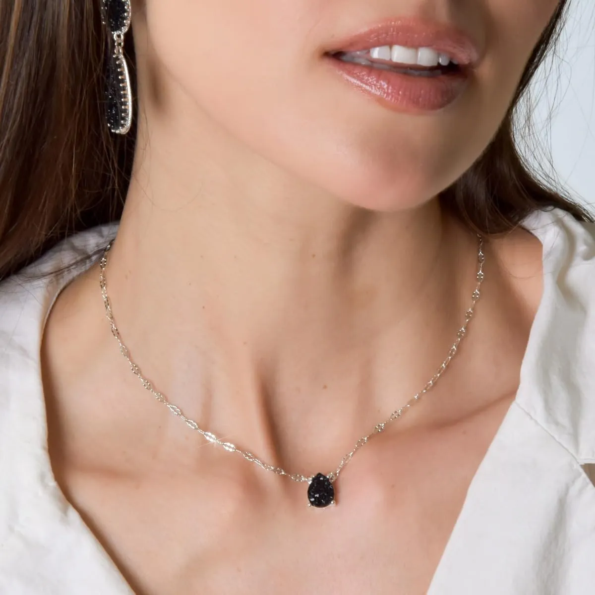Humble Chic NY Simulated Druzy Teardrop Necklace - 14K Gold or 925 Sterling Silver Plated Delicate Boho Chain Necklace with Dainty Tear Drop Druzy Crystal - 16" with 3" Extender