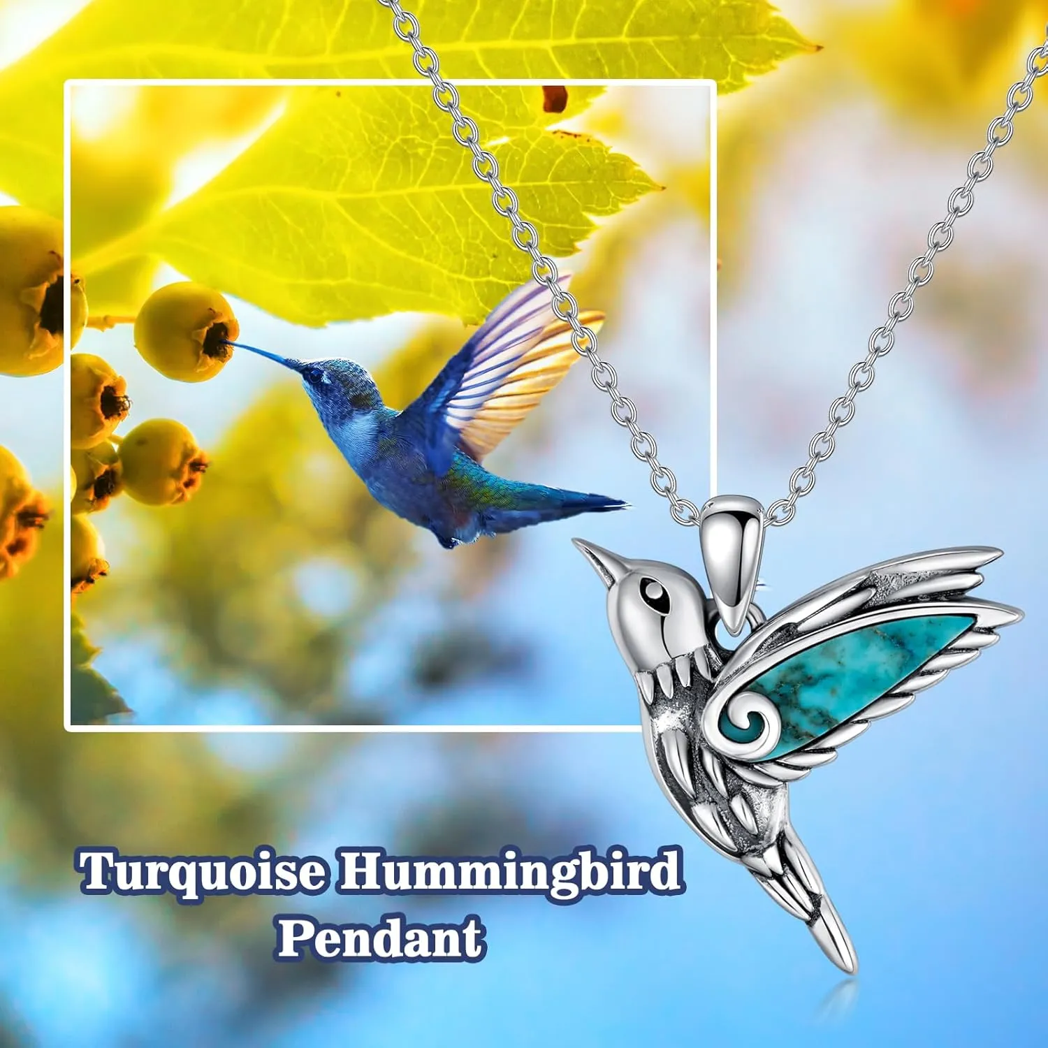 Hummingbird Necklace for Women, 925 Sterling Silver Genuine Turquoise Hummingbird Pendant Jewelry Christmas Birthday Gifts for Mom Wife Girlfriend
