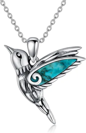 Hummingbird Necklace for Women, 925 Sterling Silver Genuine Turquoise Hummingbird Pendant Jewelry Christmas Birthday Gifts for Mom Wife Girlfriend