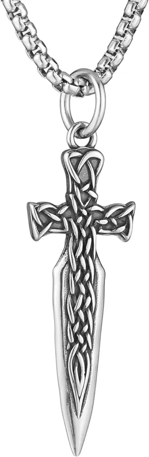 HZMAN Sword Necklace for Men Stainless Steel Gothic Retro Celtic Knot Knight Sword Pendant with 24 Inches Chain