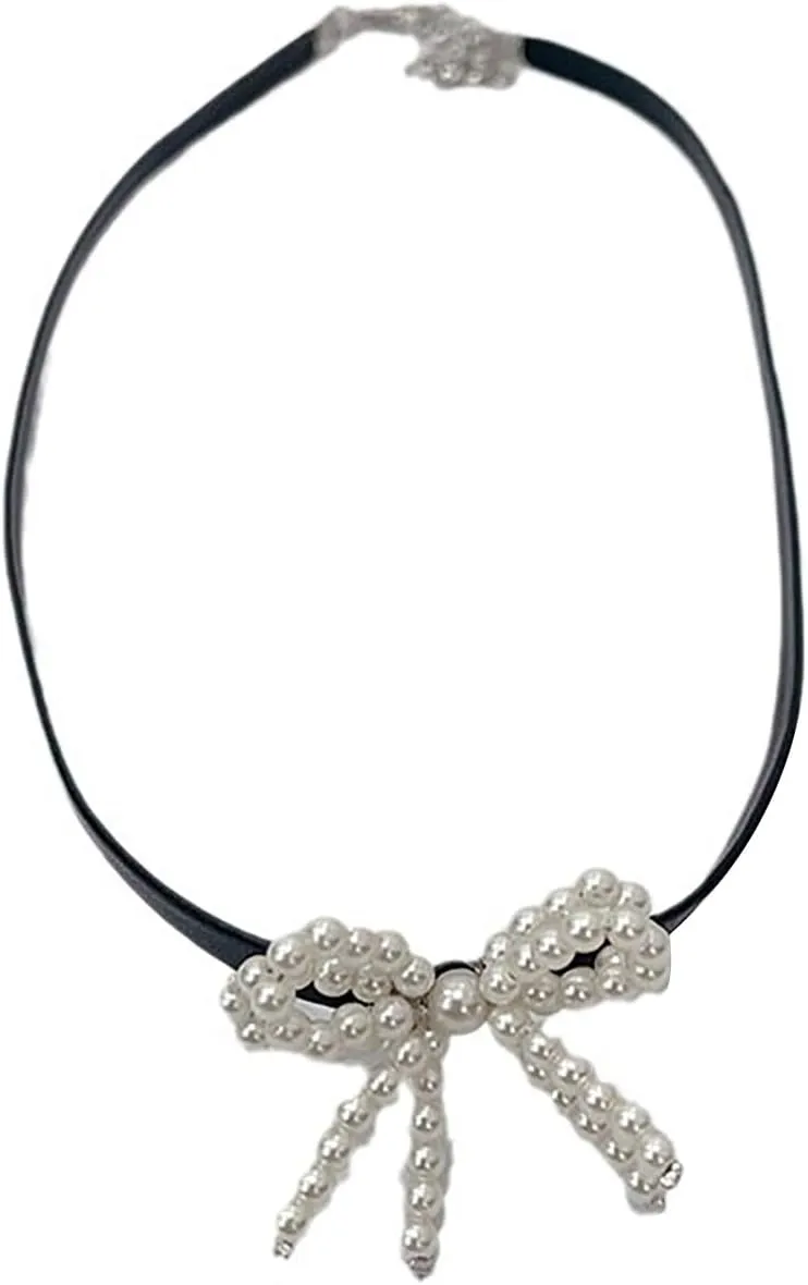Imitation Pearls Bow Charm Necklace Bowknot Pendant Clavicle Chain PU Leather Rope Collarbone Chain Jewelry for Women