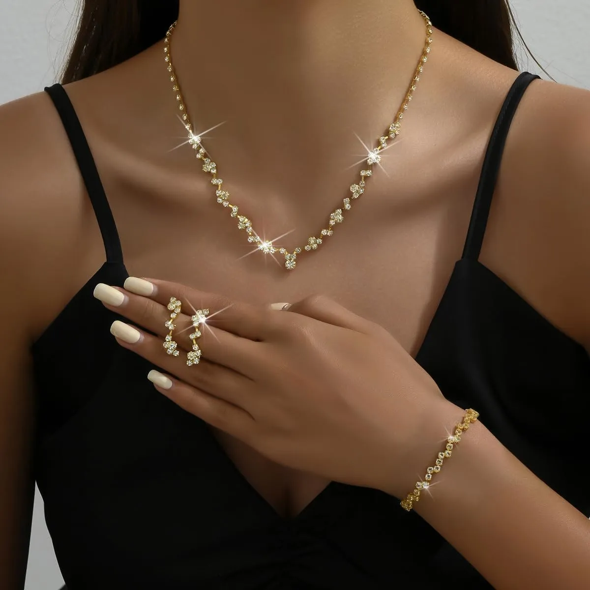 INENIMARTJ Prom Jewelry Sets Silver Jewelry Set for Brides Bridesmaid Elegant Crystal Prom Earrings Necklace Bracelet Set Bridal Wedding Prom Dresses Costume Jewelry for Women