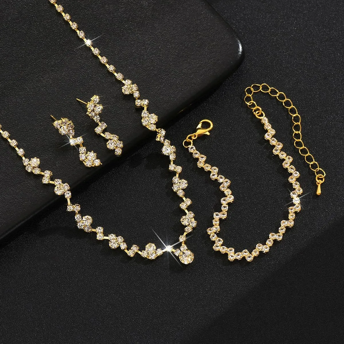 INENIMARTJ Prom Jewelry Sets Silver Jewelry Set for Brides Bridesmaid Elegant Crystal Prom Earrings Necklace Bracelet Set Bridal Wedding Prom Dresses Costume Jewelry for Women