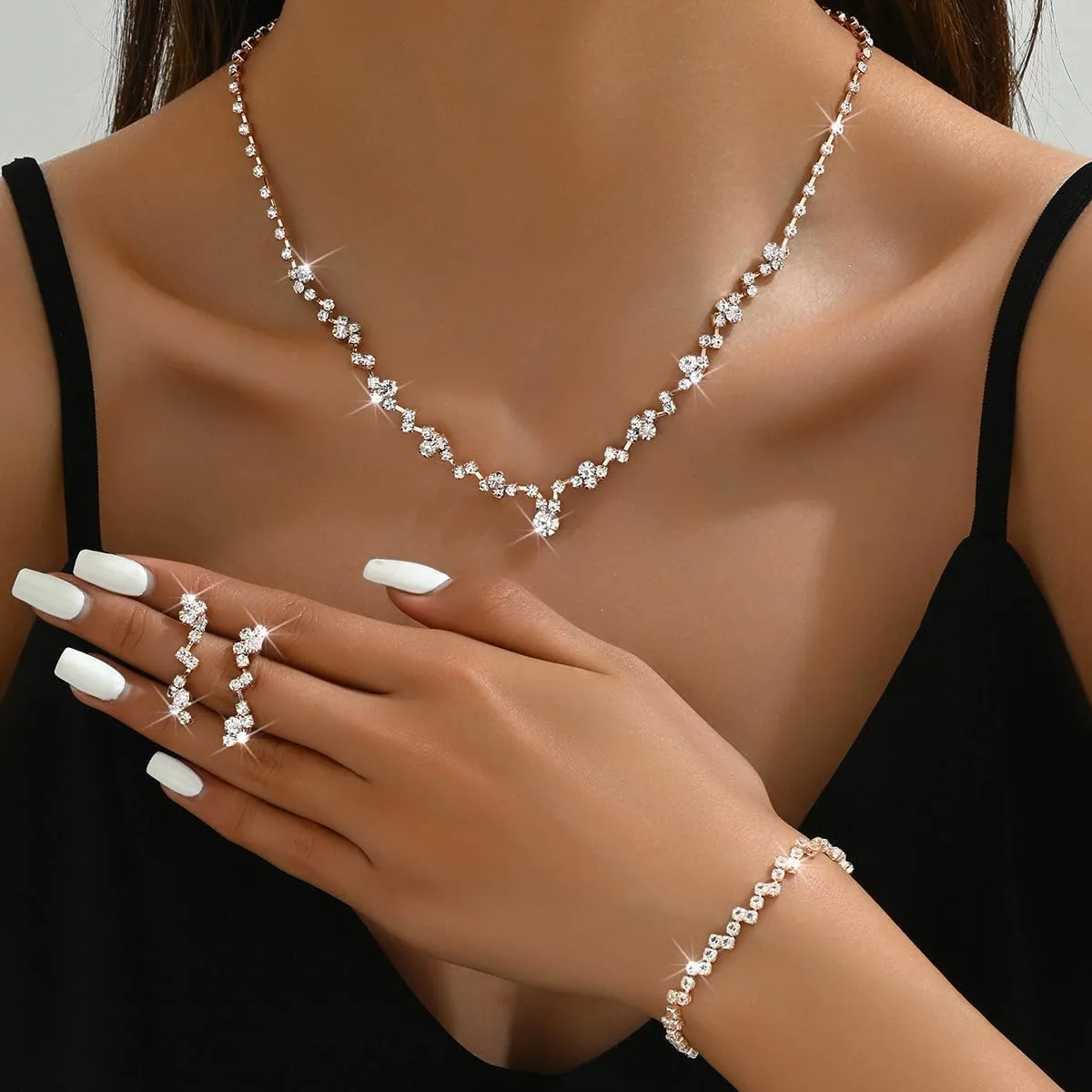 INENIMARTJ Prom Jewelry Sets Silver Jewelry Set for Brides Bridesmaid Elegant Crystal Prom Earrings Necklace Bracelet Set Bridal Wedding Prom Dresses Costume Jewelry for Women