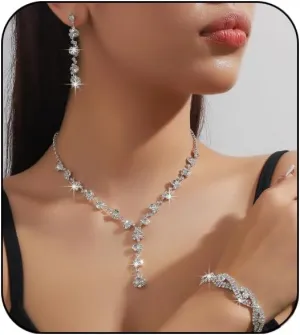 INENIMARTJ Prom Jewelry Sets Silver Jewelry Set for Brides Bridesmaid Elegant Crystal Prom Earrings Necklace Bracelet Set Bridal Wedding Prom Dresses Costume Jewelry for Women