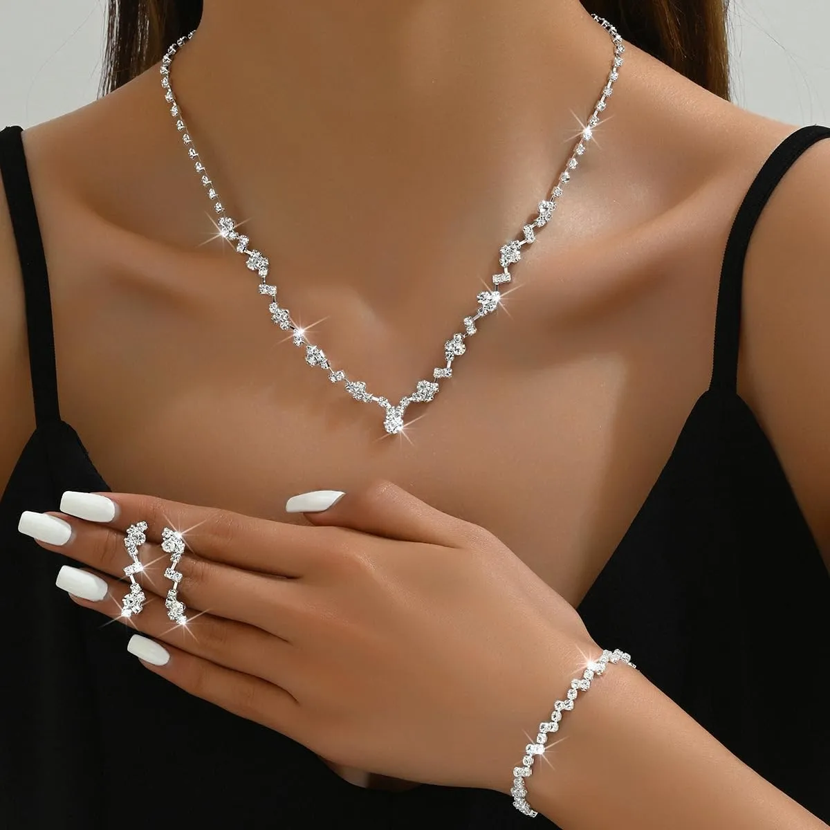 INENIMARTJ Prom Jewelry Sets Silver Jewelry Set for Brides Bridesmaid Elegant Crystal Prom Earrings Necklace Bracelet Set Bridal Wedding Prom Dresses Costume Jewelry for Women