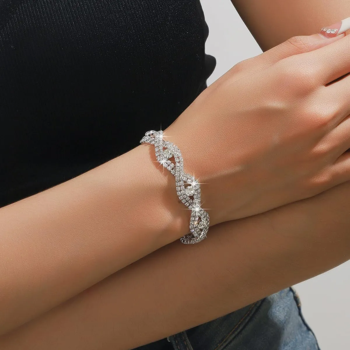INENIMARTJ Prom Jewelry Sets Silver Jewelry Set for Brides Bridesmaid Elegant Crystal Prom Earrings Necklace Bracelet Set Bridal Wedding Prom Dresses Costume Jewelry for Women