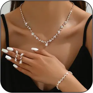 INENIMARTJ Prom Jewelry Sets Silver Jewelry Set for Brides Bridesmaid Elegant Crystal Prom Earrings Necklace Bracelet Set Bridal Wedding Prom Dresses Costume Jewelry for Women