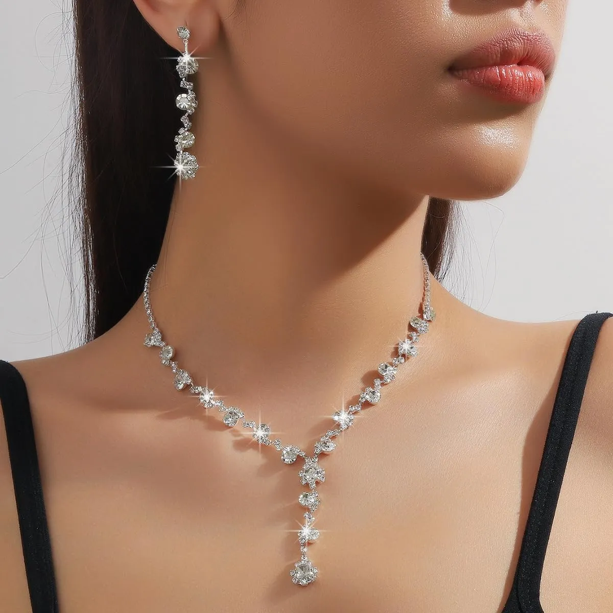 INENIMARTJ Prom Jewelry Sets Silver Jewelry Set for Brides Bridesmaid Elegant Crystal Prom Earrings Necklace Bracelet Set Bridal Wedding Prom Dresses Costume Jewelry for Women