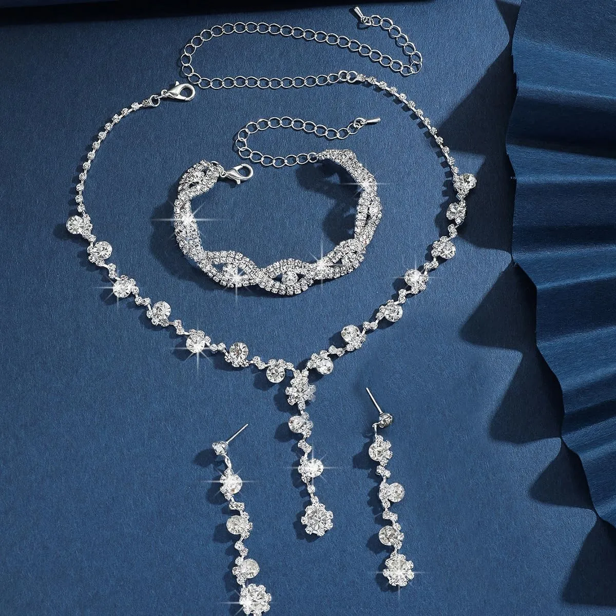 INENIMARTJ Prom Jewelry Sets Silver Jewelry Set for Brides Bridesmaid Elegant Crystal Prom Earrings Necklace Bracelet Set Bridal Wedding Prom Dresses Costume Jewelry for Women