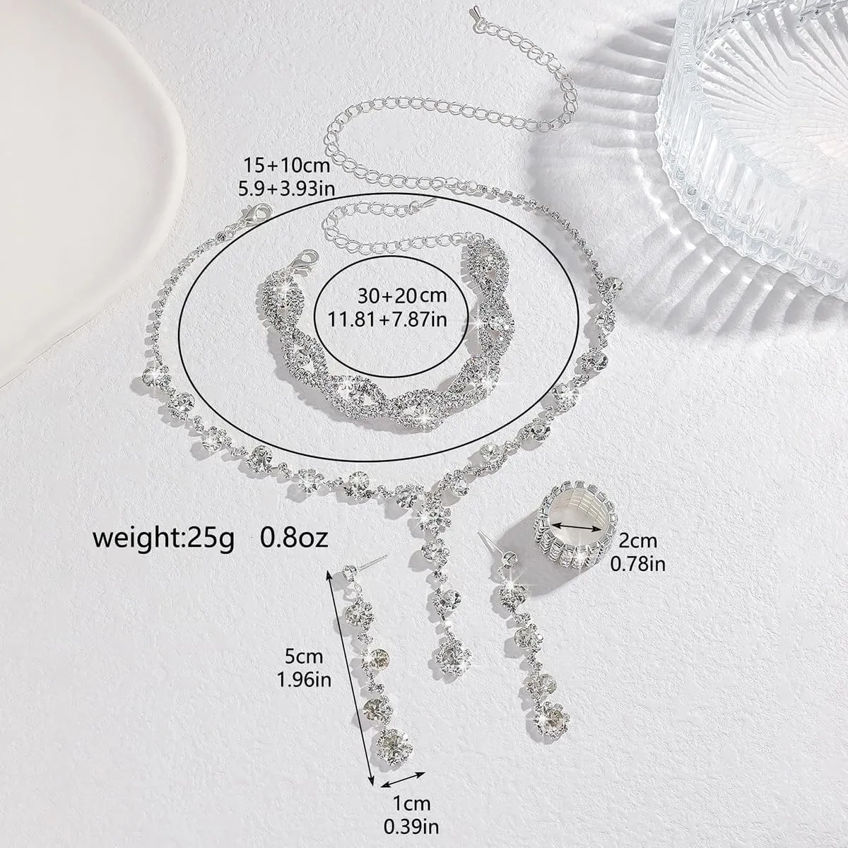 INENIMARTJ Prom Jewelry Sets Silver Jewelry Set for Brides Bridesmaid Elegant Crystal Prom Earrings Necklace Bracelet Set Bridal Wedding Prom Dresses Costume Jewelry for Women