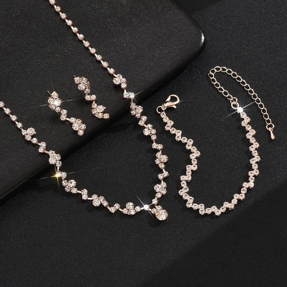 INENIMARTJ Prom Jewelry Sets Silver Jewelry Set for Brides Bridesmaid Elegant Crystal Prom Earrings Necklace Bracelet Set Bridal Wedding Prom Dresses Costume Jewelry for Women