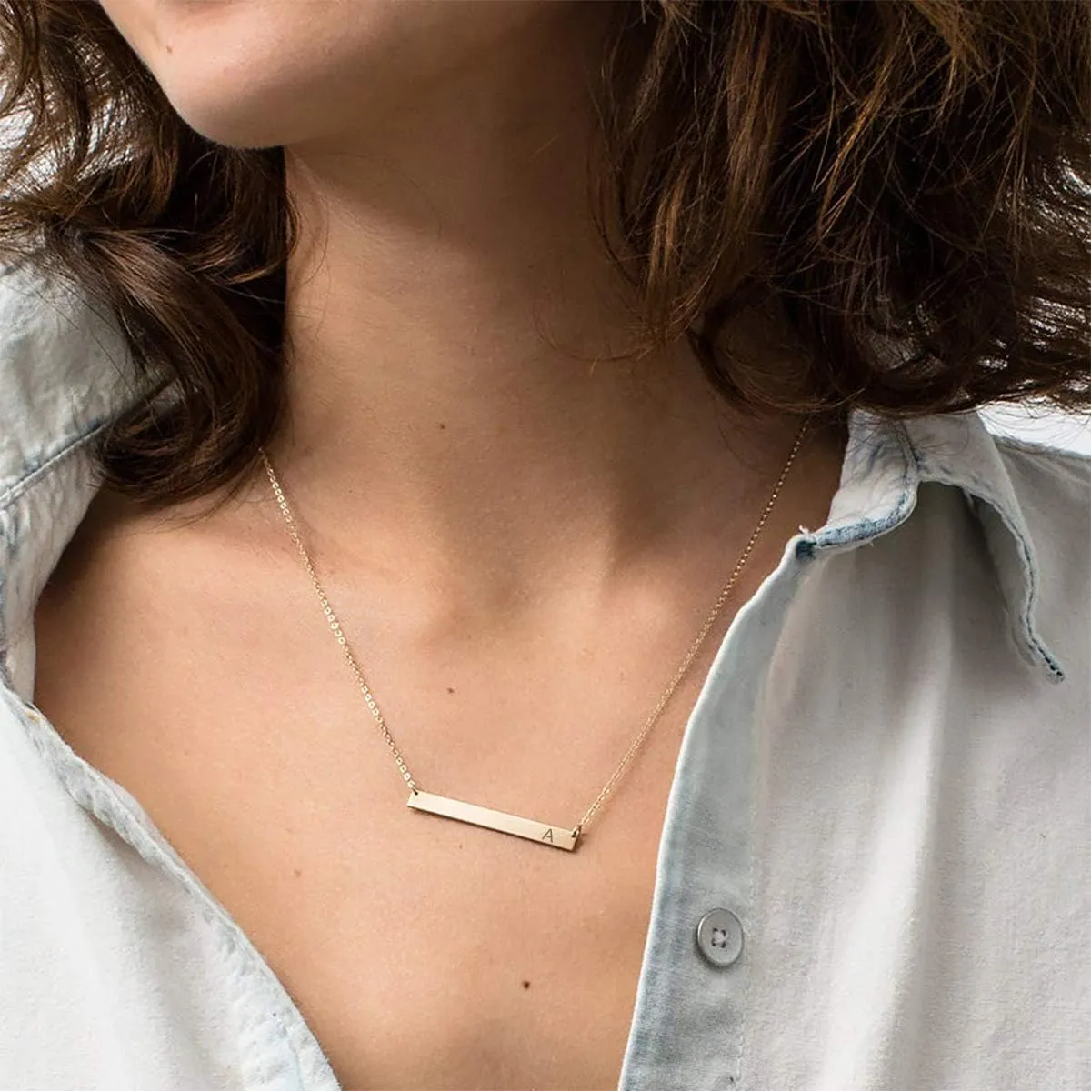 Initial Bar Necklace 18K Gold Plated Stainless steel Initial Necklace Simple Delicate Balance Bar Letters Pendant Monogram Name Necklace for Women