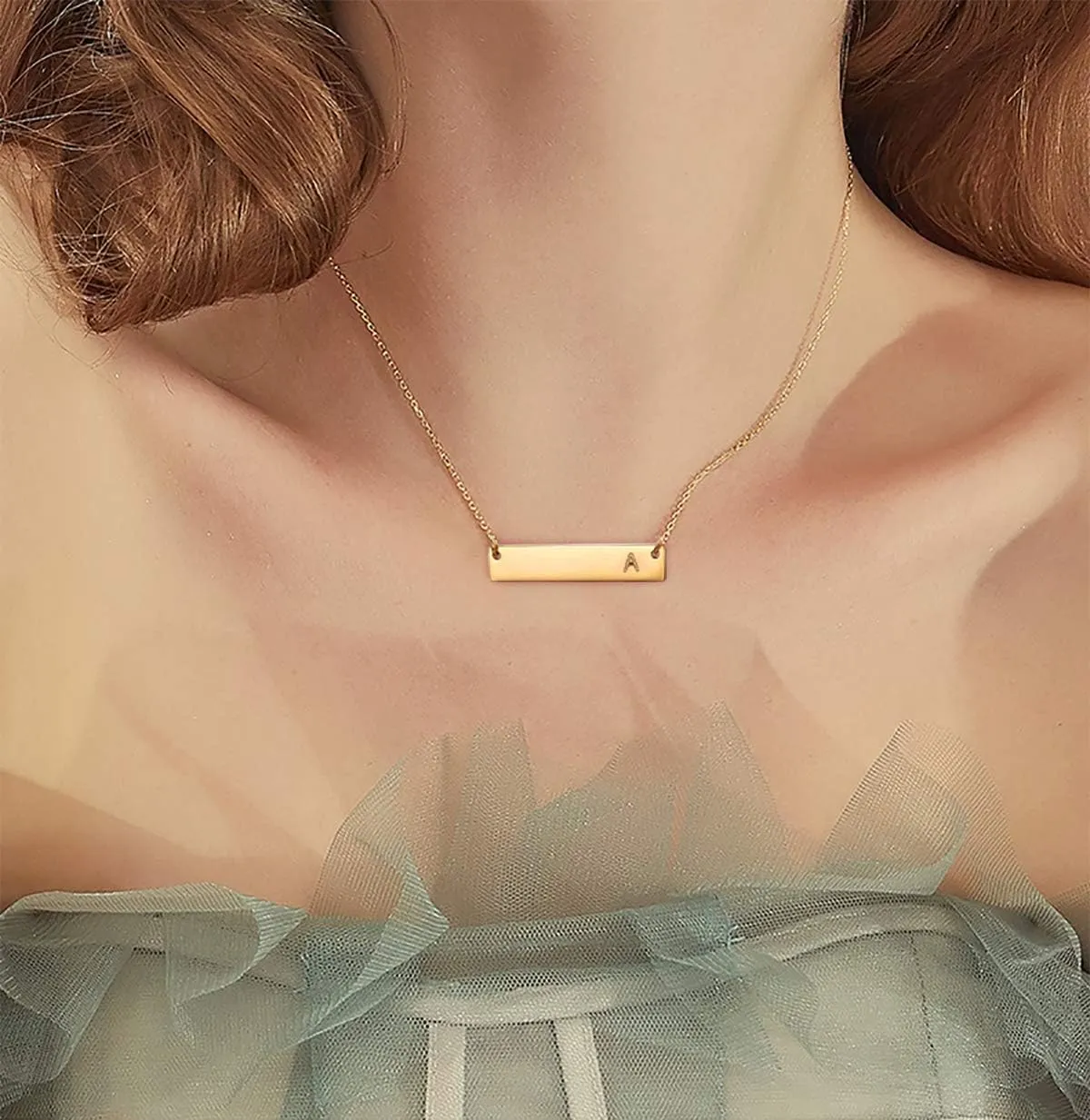 Initial Bar Necklace 18K Gold Plated Stainless steel Initial Necklace Simple Delicate Balance Bar Letters Pendant Monogram Name Necklace for Women