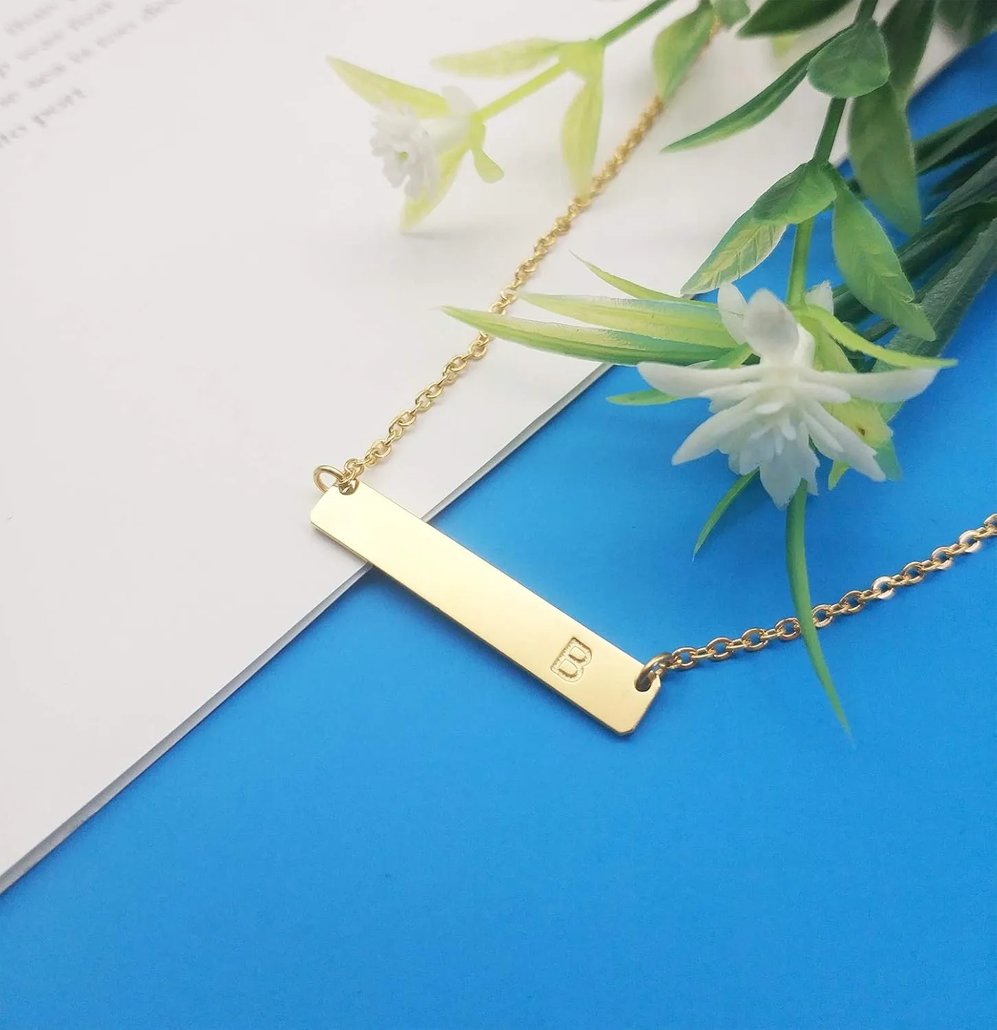 Initial Bar Necklace 18K Gold Plated Stainless steel Initial Necklace Simple Delicate Balance Bar Letters Pendant Monogram Name Necklace for Women
