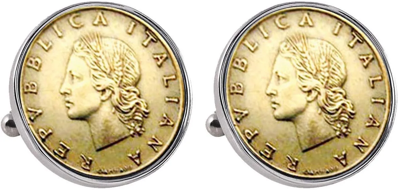 Italian Republic Silvertone Bezel Cuff Links | Lira Coins | Men's Cufflinks | Miss Italy Lire Coins